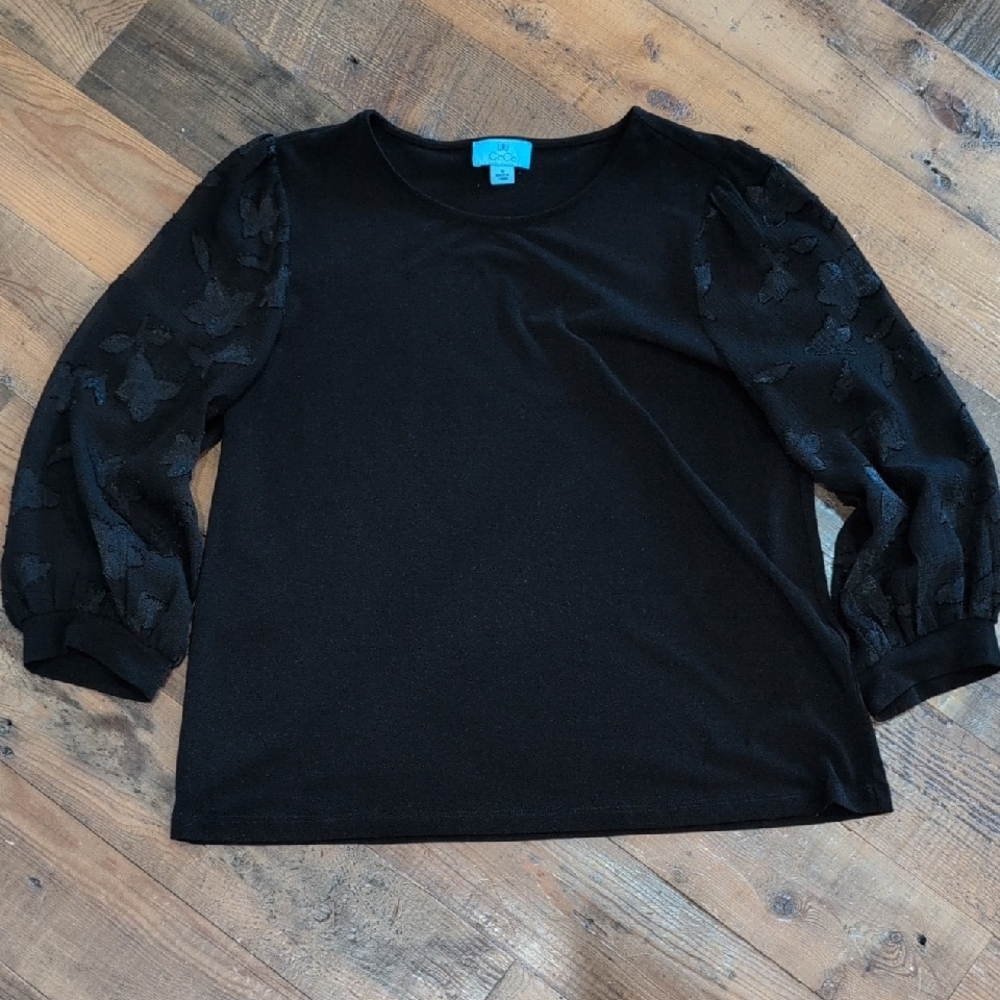 CeCe Black Blouse with Sheer Sleeves